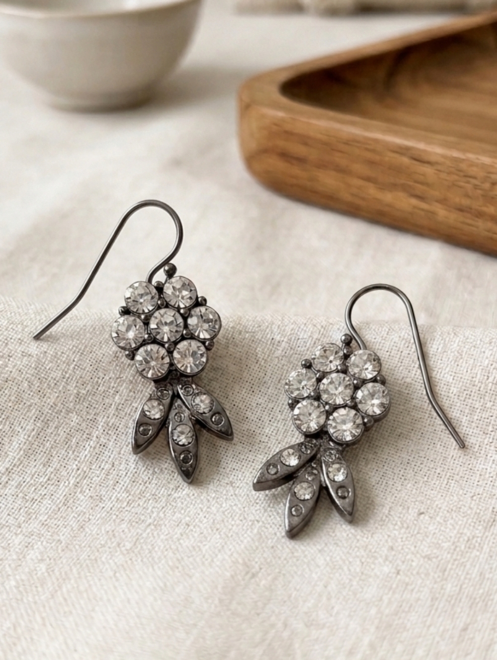 Rhinestone Flower Drop Earrings Dark Gunmetal Gray Homecoming Prom Formal